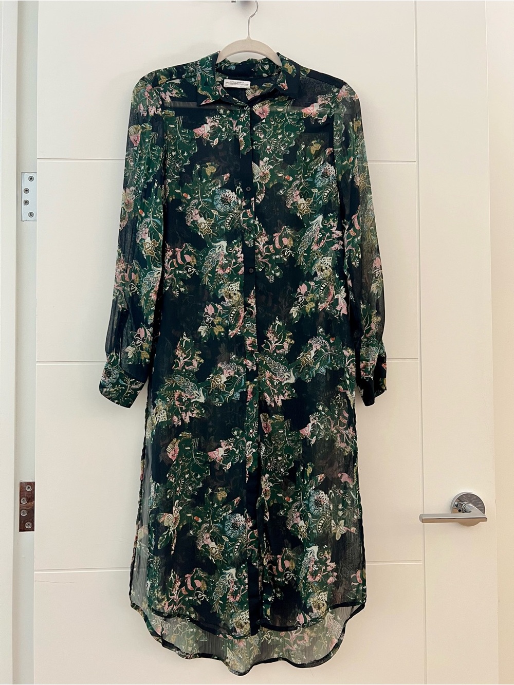 Zara Dark Green Floral Sheer Long-Sleeve Shirt dress/Duster.